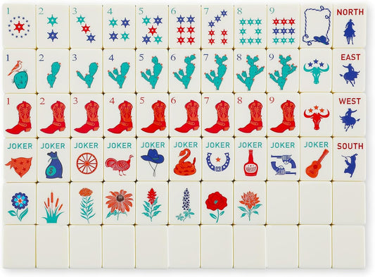Mahjong set with red boots, cowboy hats, cactus and jokers on a white background