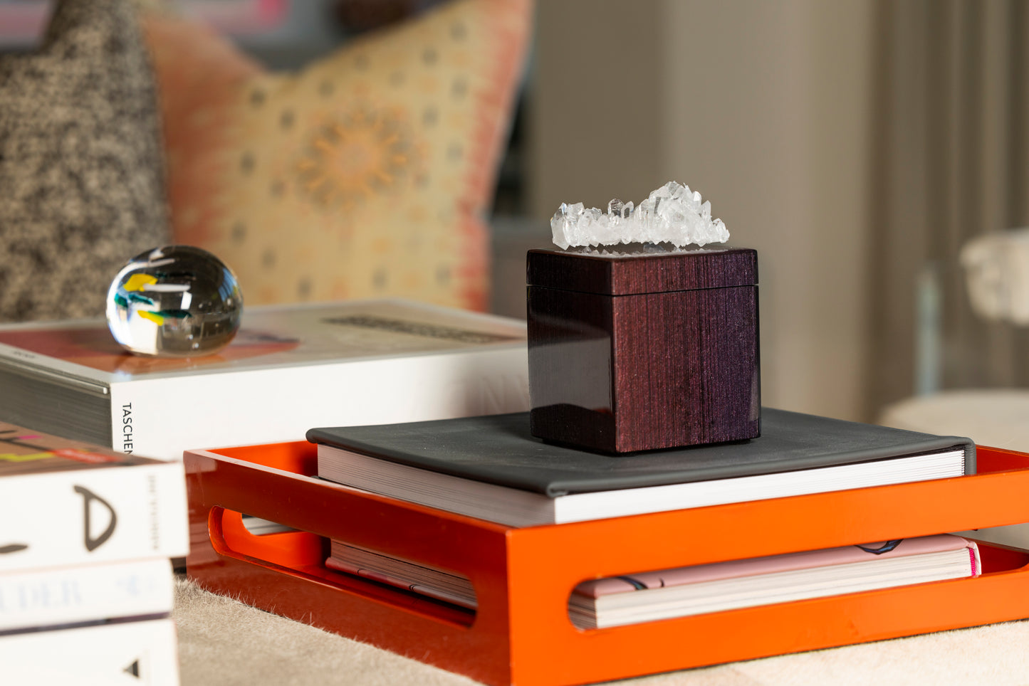 ruby lacquer ombre box with crystal on table