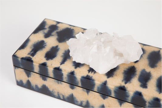 blue ikat lacquer box with clear quartz