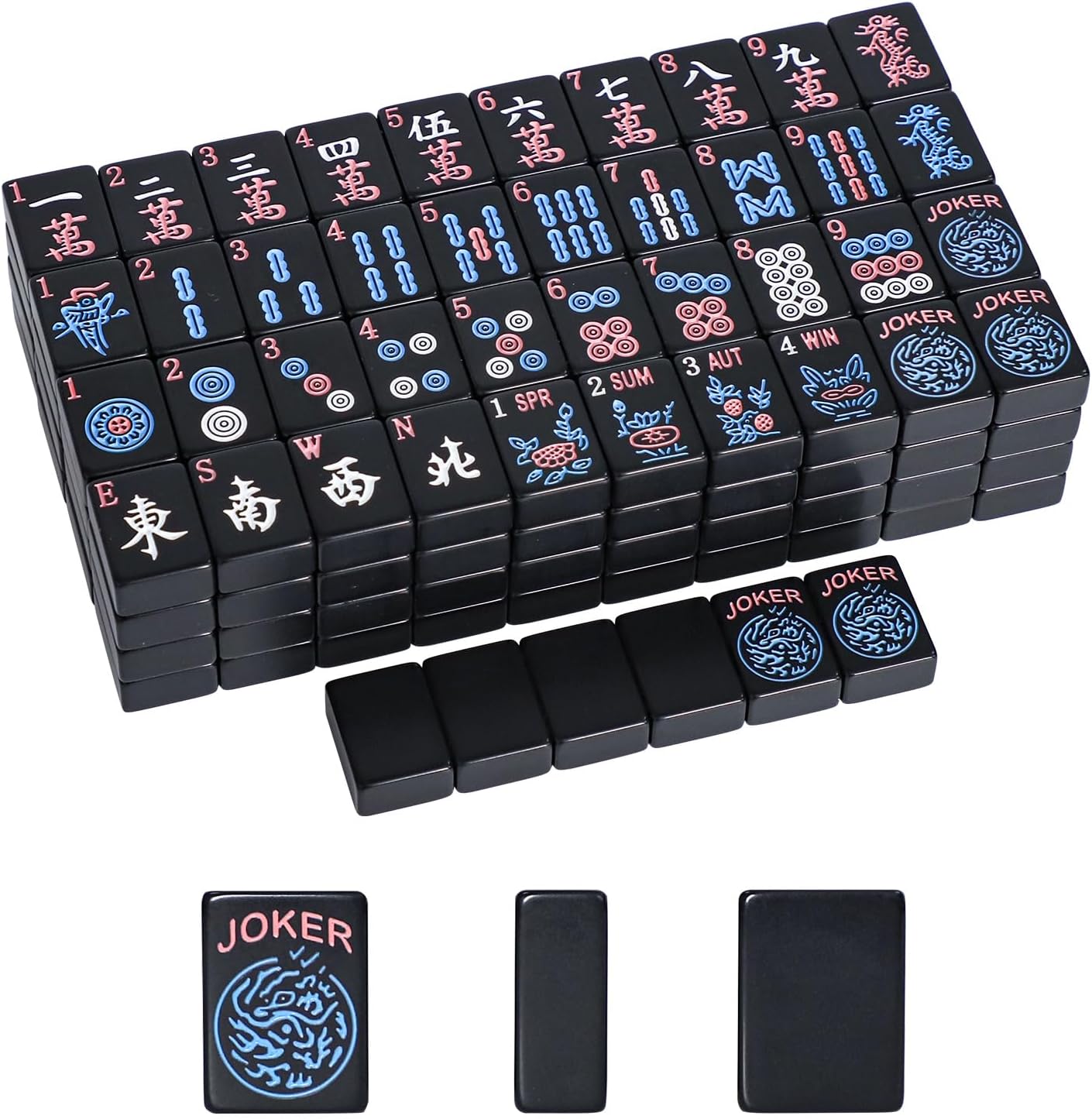 Set of black Mahjong tiles with colorful symbols on a white background