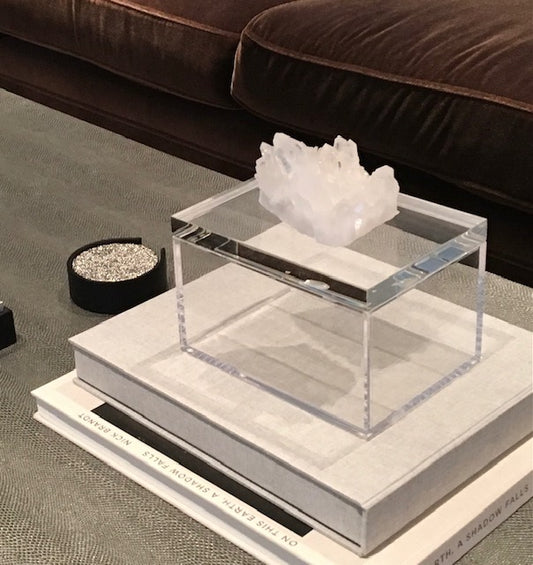 Clear acrylic box with quartz crystal