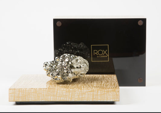 gold grid lacquer box bottom with rox logo