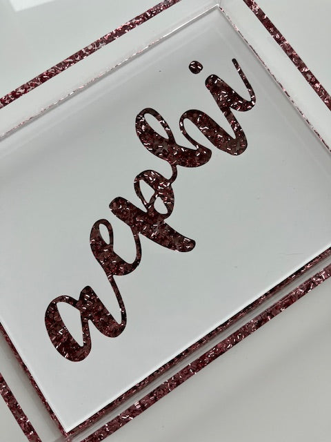 A E Phi sorority acrylic tray with pink glitter