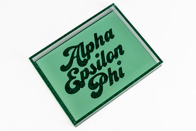 A E Phi sorority tray with green glitter side view