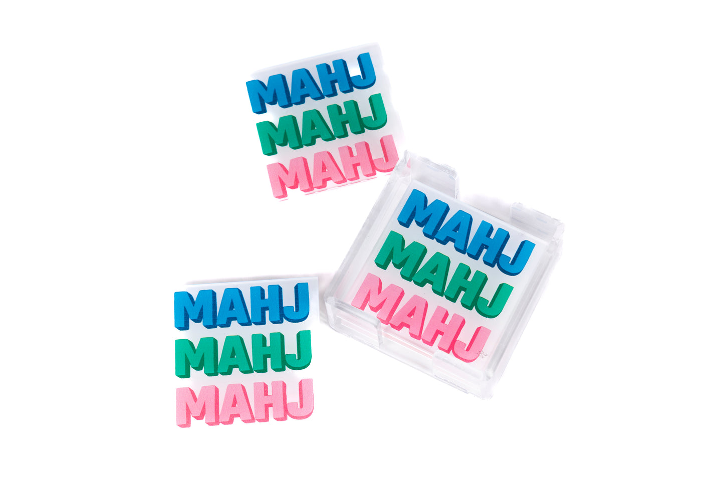 Acrylic Mahjong coaster set of 4 with words Mahj spelled out 