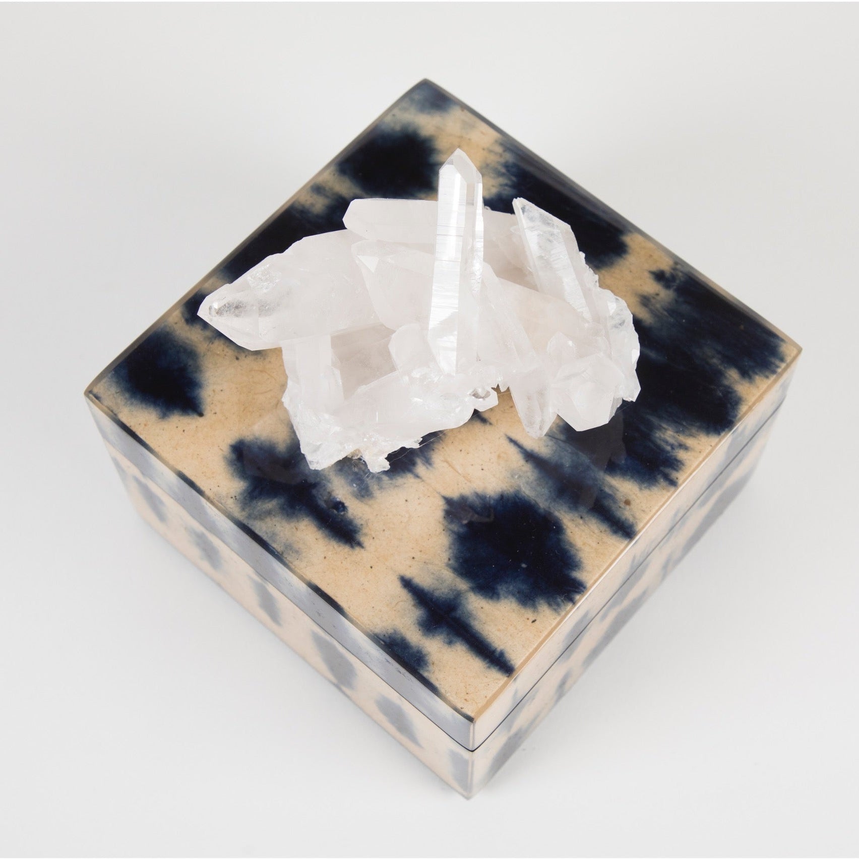 blue square ikat lacquer box with crystal