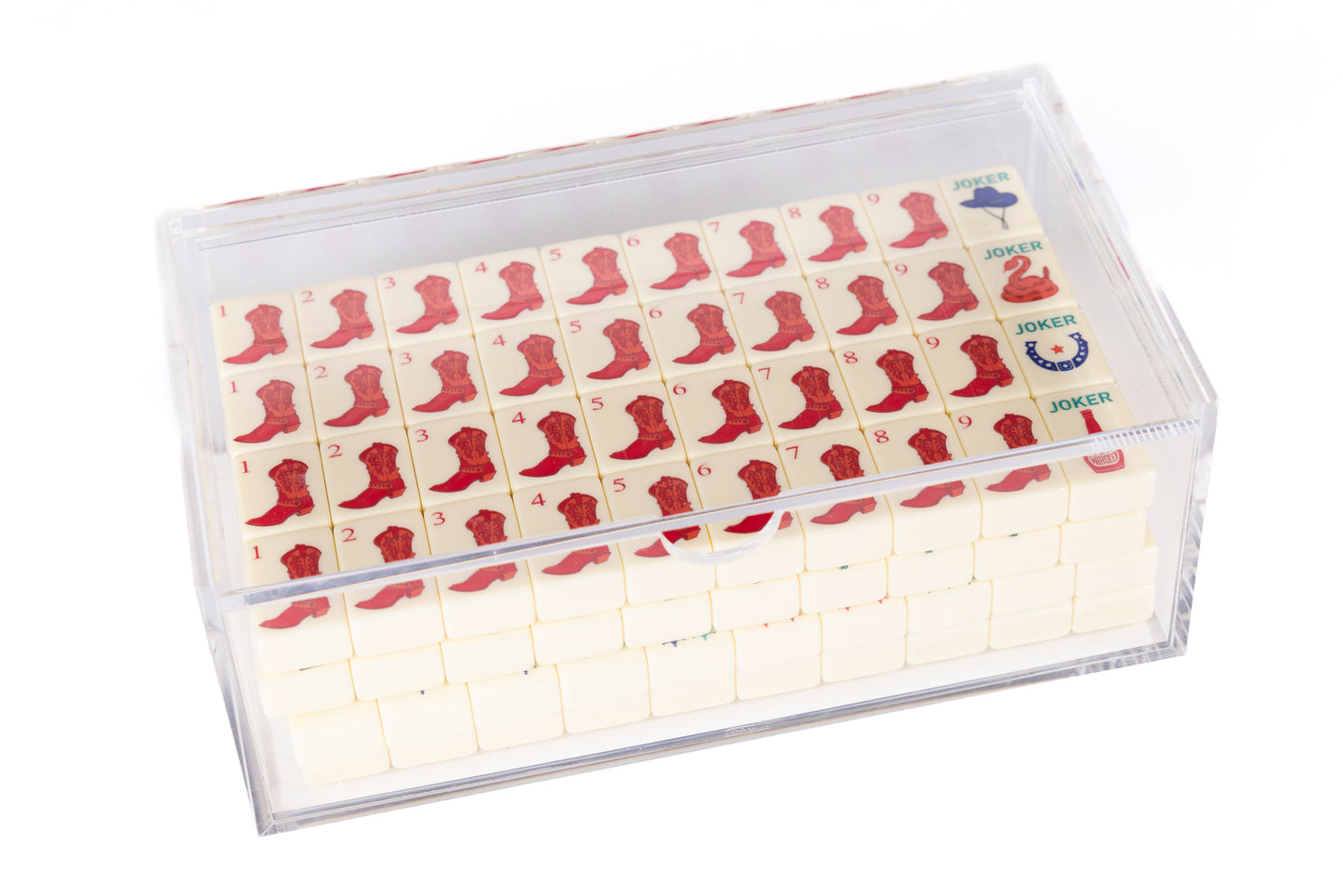 Mahjong set with red boots, cowboy hats, cactus and jokers on a white background