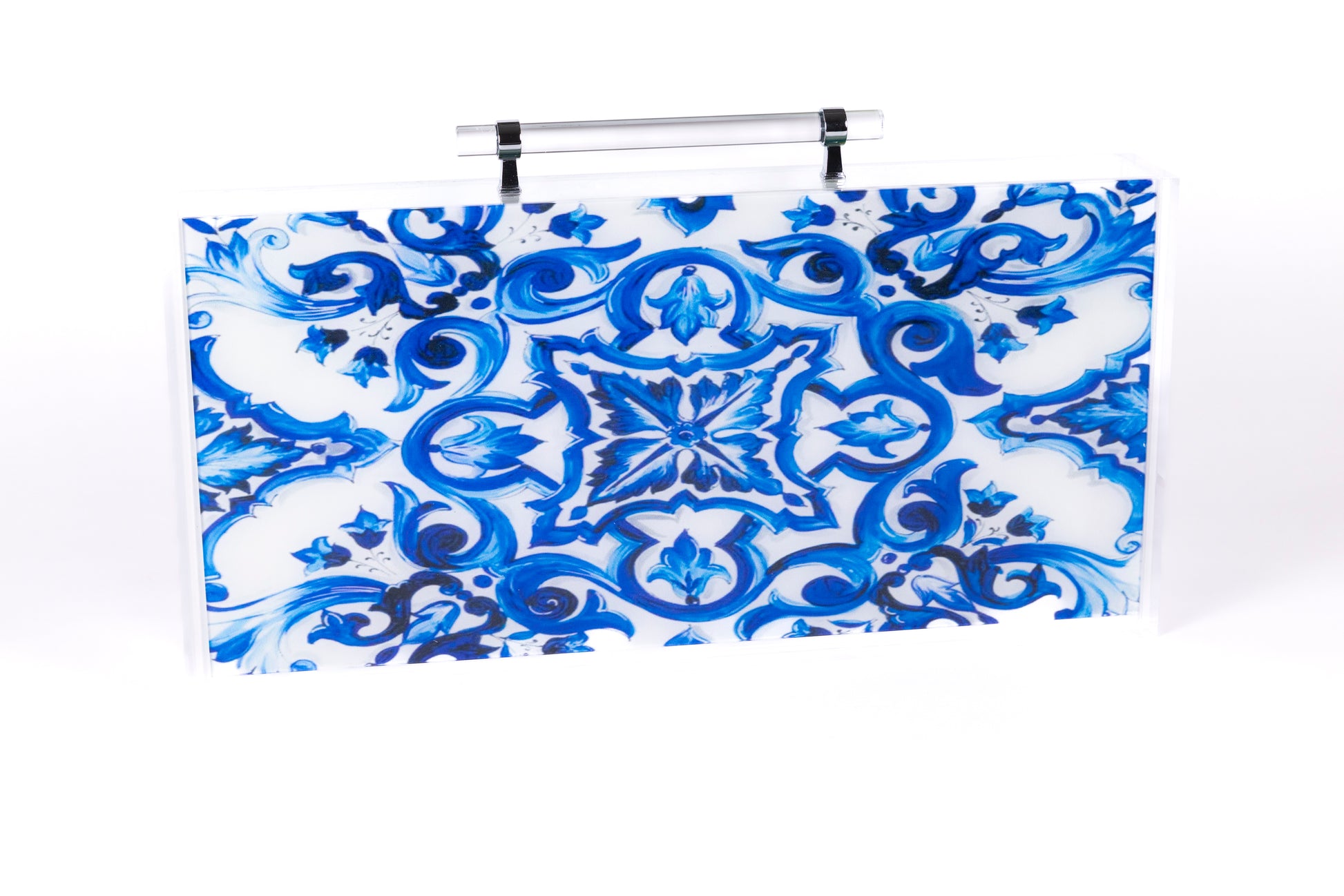 Blue and white dolce mahjong carrying case with full set of tiles, acrylic pushers and instructions for the game 