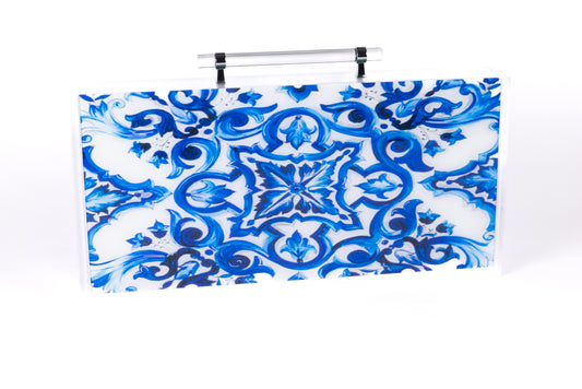 Blue and white dolce mahjong carrying case with full set of tiles, acrylic pushers and instructions for the game 