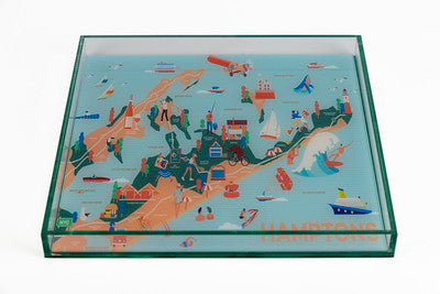 A square-shaped acrylic tray with a colorful Hampton's themed map design.