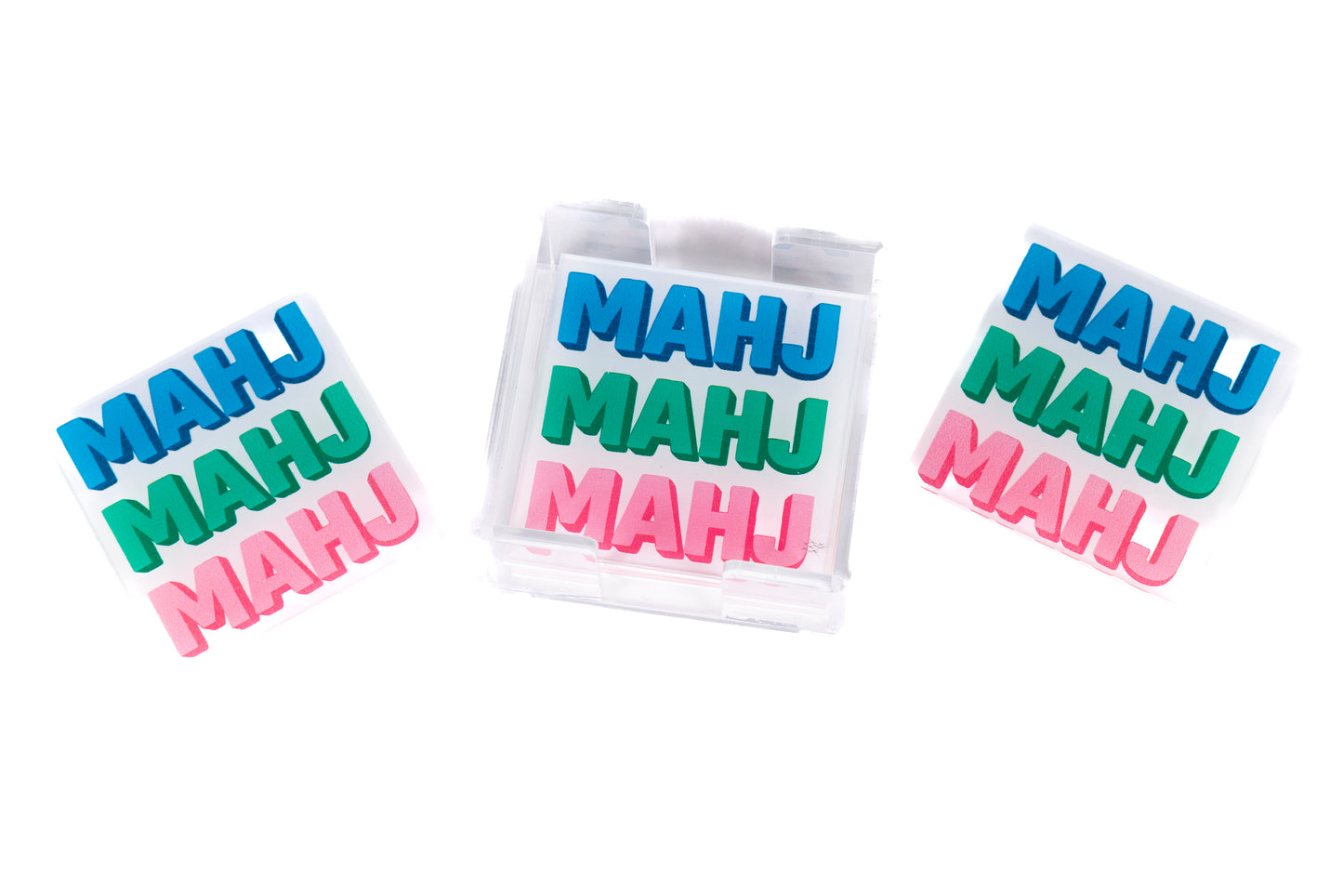 Acrylic Mahjong coaster set with clear holder shown here 3 