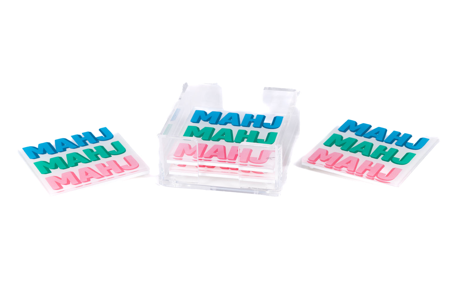 mahjong acrylic coaster set with coasters shown next to it