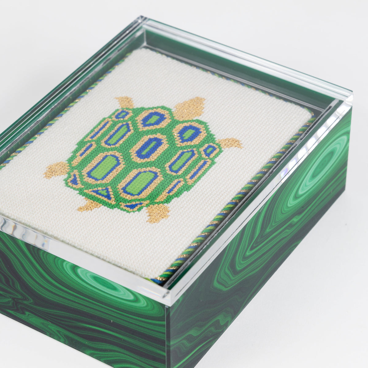 Malachite acrylic box with clear lid for needlepoint display