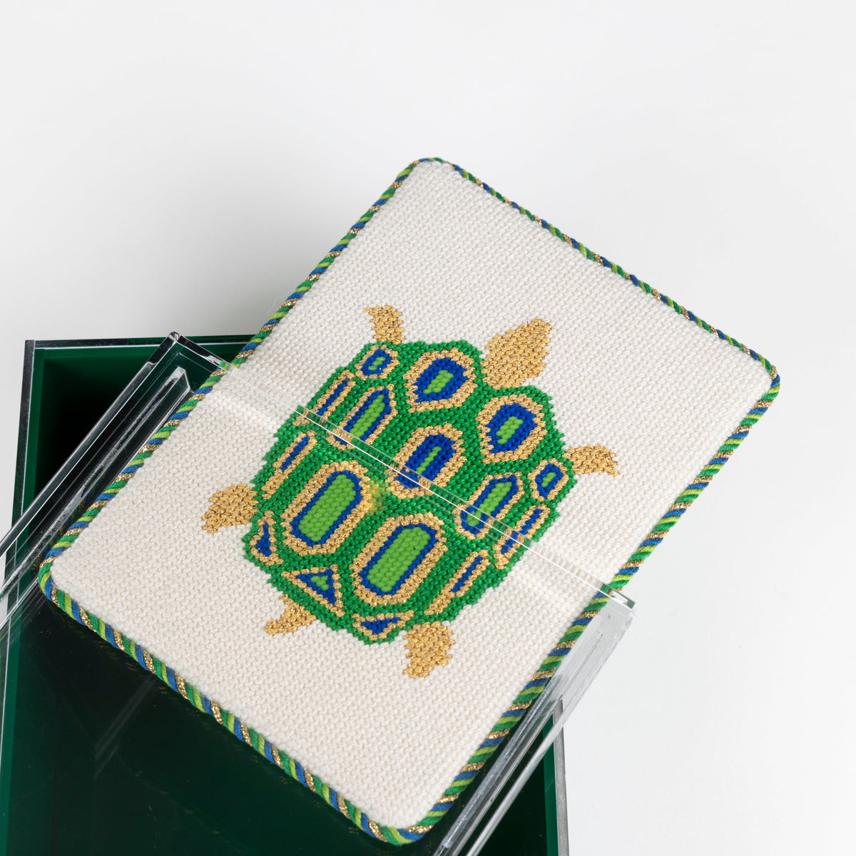 Needlepoint canvas acrylic finishing box in malachite with turtle canvas 