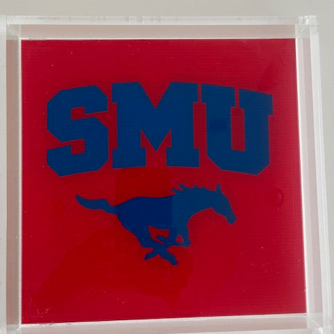 SMU dallas college logo acrylic tray with red and blue mustang
