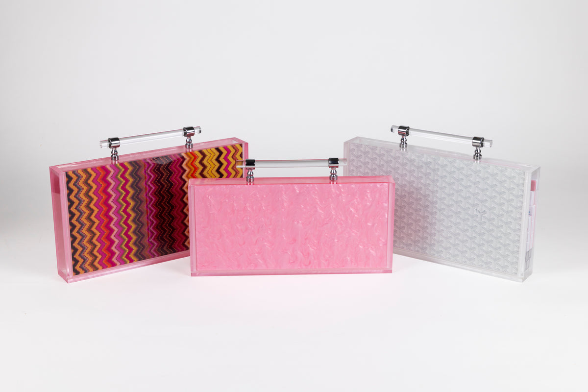 Set of 3 mini mahjong acrylic travel case and tile set. shown in marble pink, white pattern and chevron pink