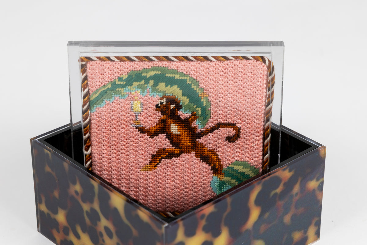 Tortoise acrylic box with standing lid with finished monkey needlepoint