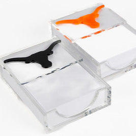 Acrylic notepad trays with college longhorn logos in orange and black colors.