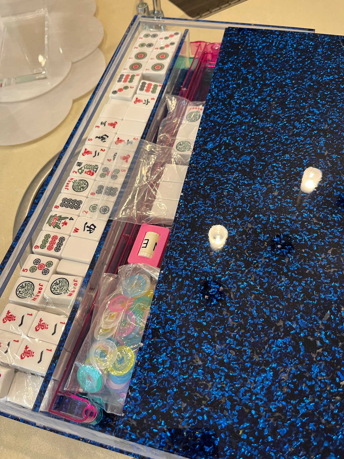 acrylic mahj jong set open with playing tiles
