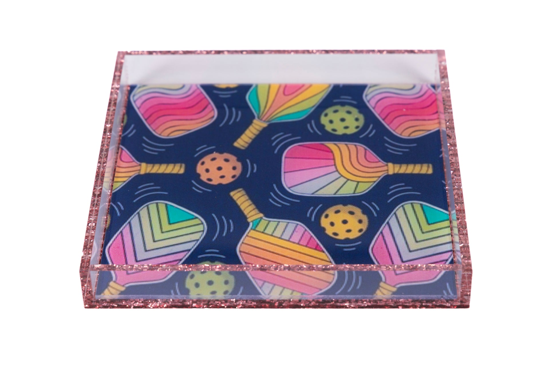 Colorful pickleball patterned tray on a glitter acrylic tray