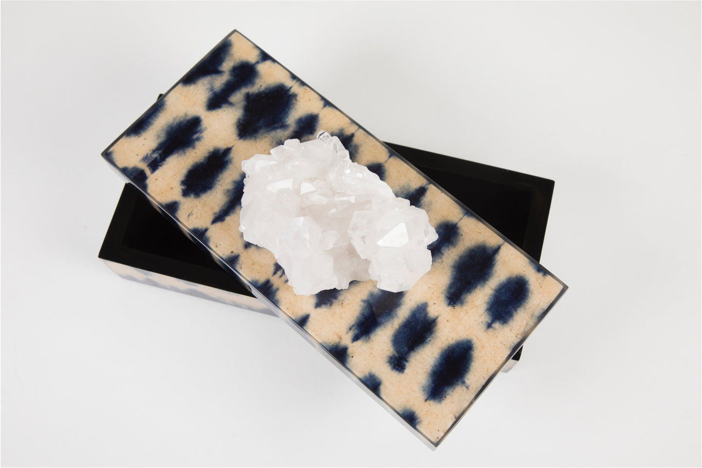 blue ikat lacquer box with quartz open