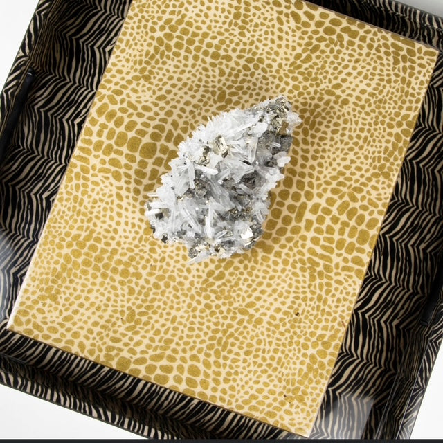 gold croc lacquer XL box with pyrite crystal topper on zebra lacquer tray 