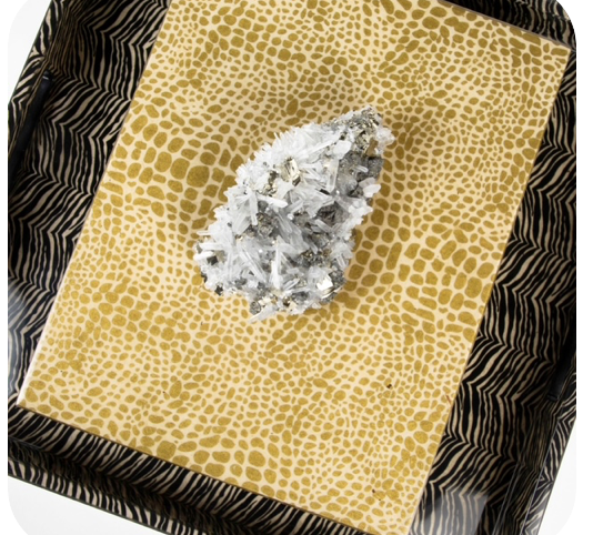 gold crocodile lacquer box with quartz crystal on a zebra lacquer tray for the home