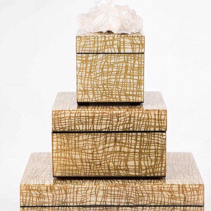 gold grid lacquer box stack with quartz crystal