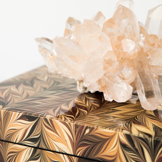 lacquer box with Missoni pattern in browns and neutrals with a clear quartz crystal on top for the home 