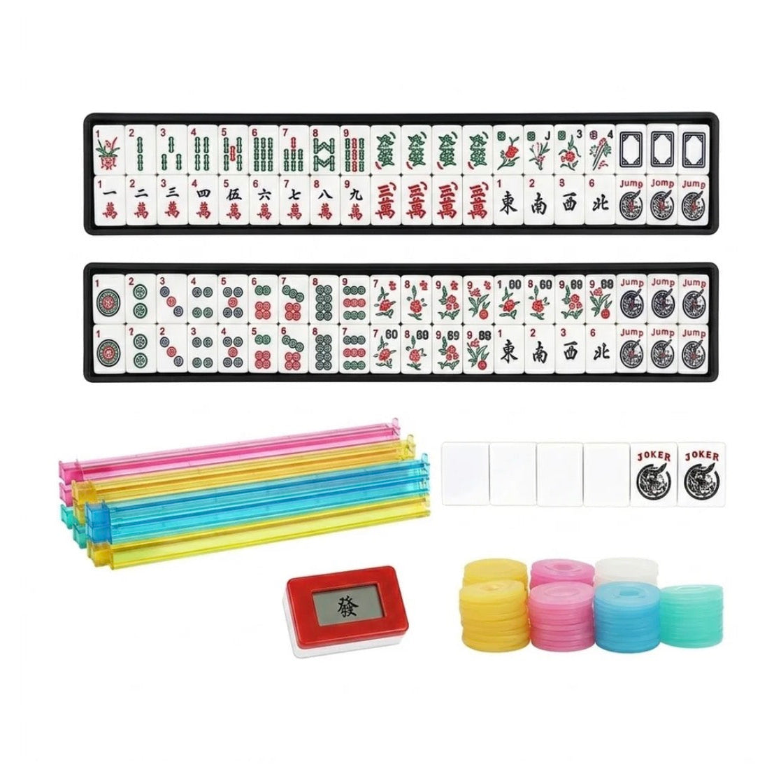 inside of each mahjong case with full set of tiles and pushers