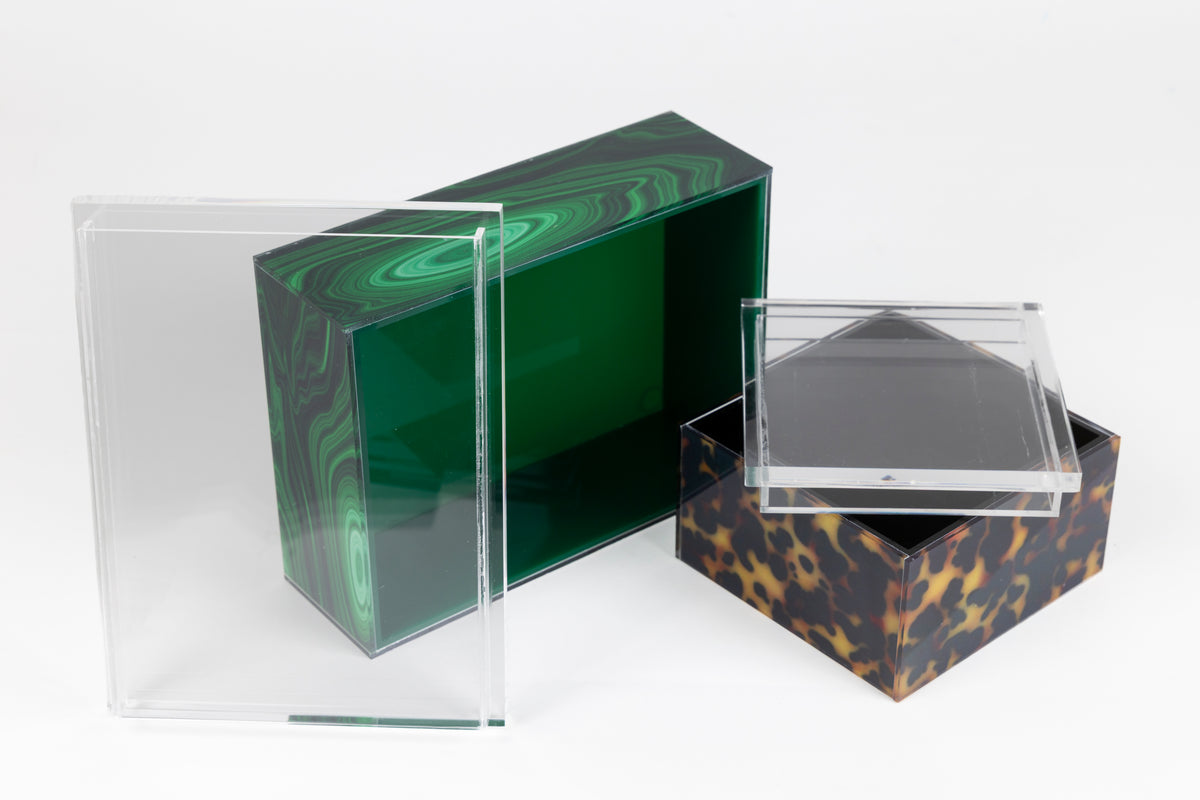 acrylic box collection malachite and tortoise with lid to put a finished needlepoint inside the lid
