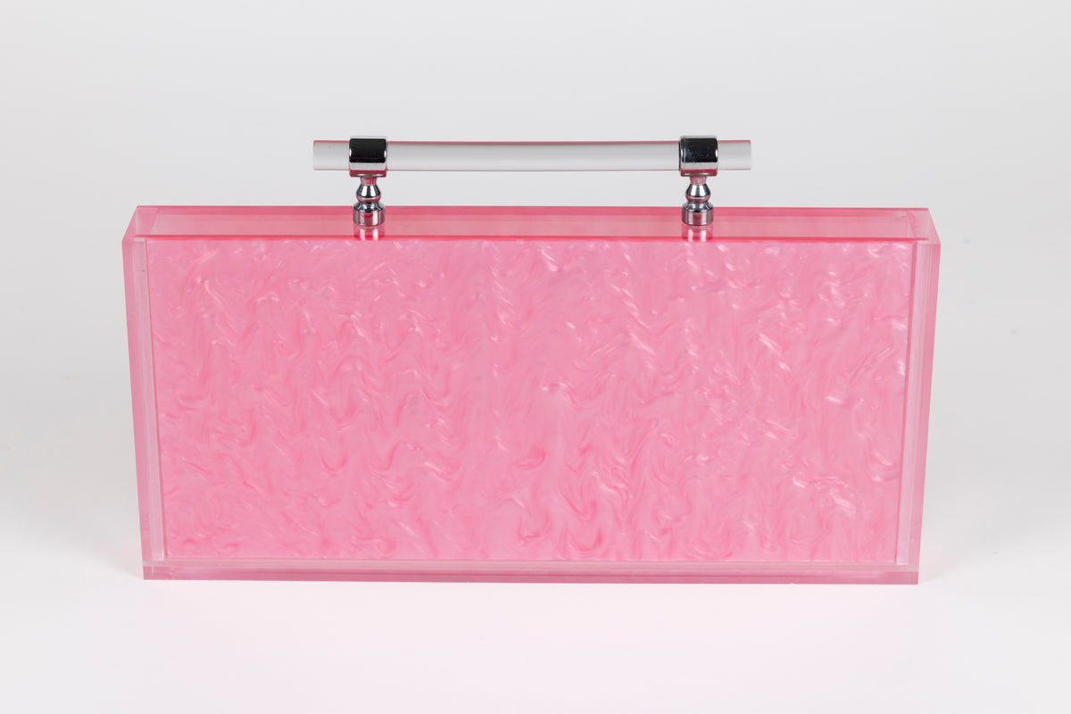 marbled pink acrylic mini mahjong carrying case in pink acrylic with clear handle
