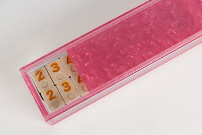 pink marble acrylic rummikub set side