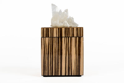 A lacquer wood mini box with a quartz crystal on top, lined with black felt and featuring felt bumpers for protection.