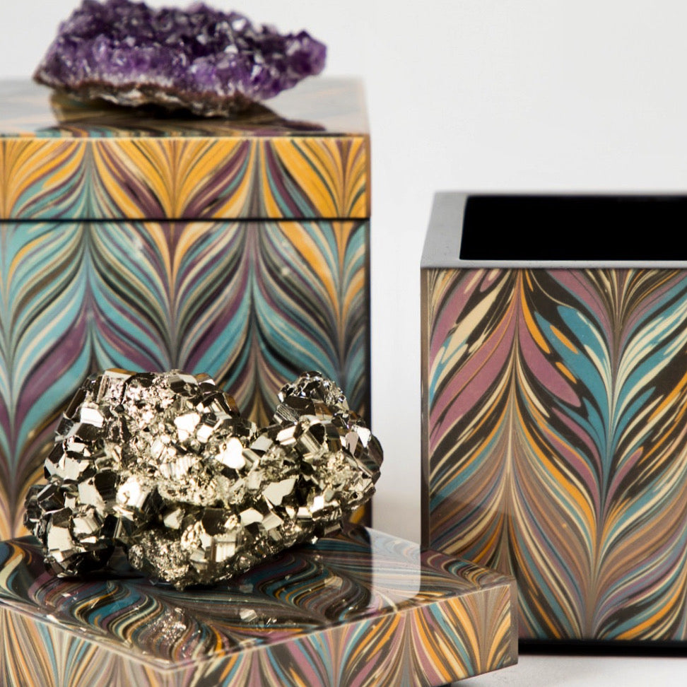 chevron lacquer box with lid and pyrite