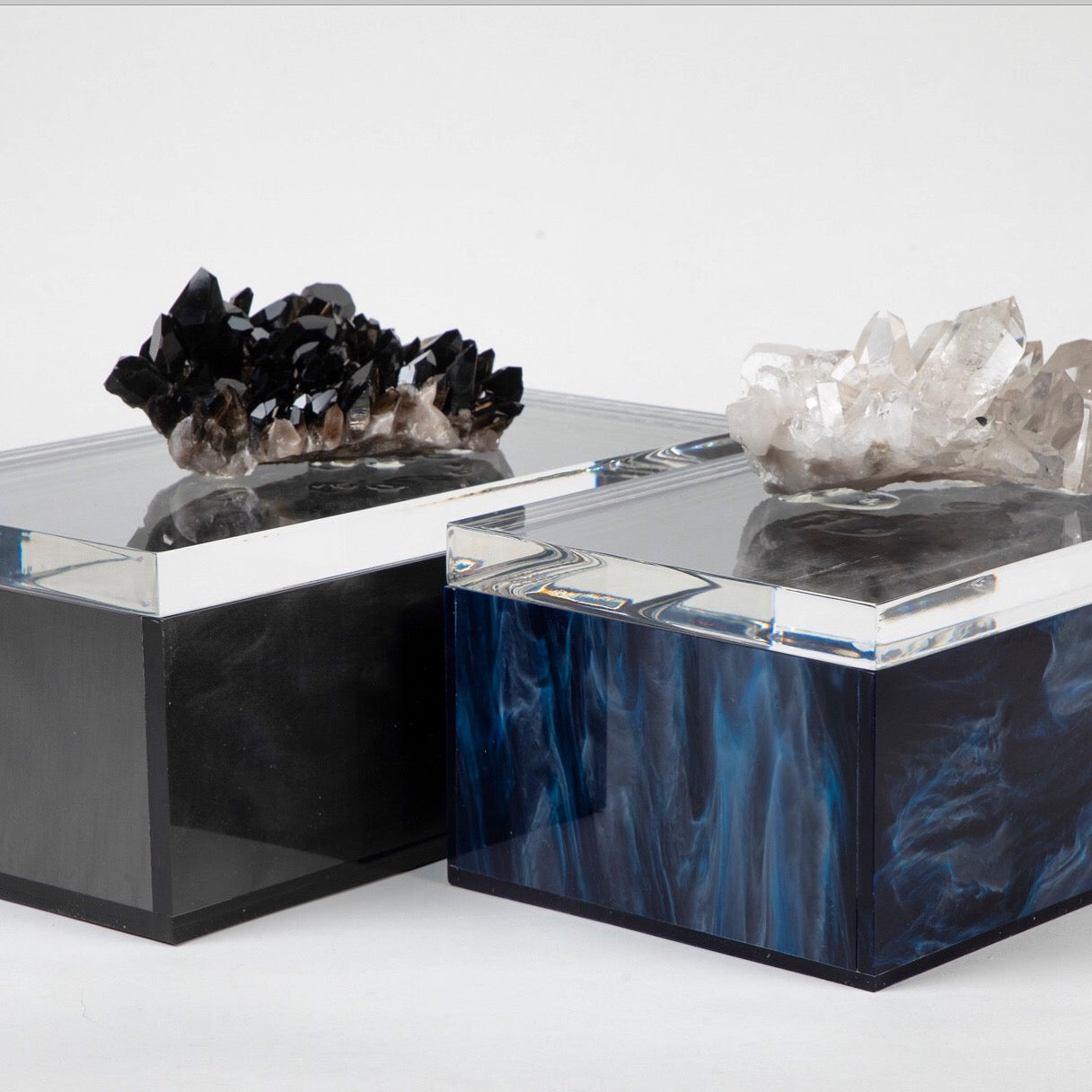 coastal blue and black marble acrylic acrylic box with quartz crystals