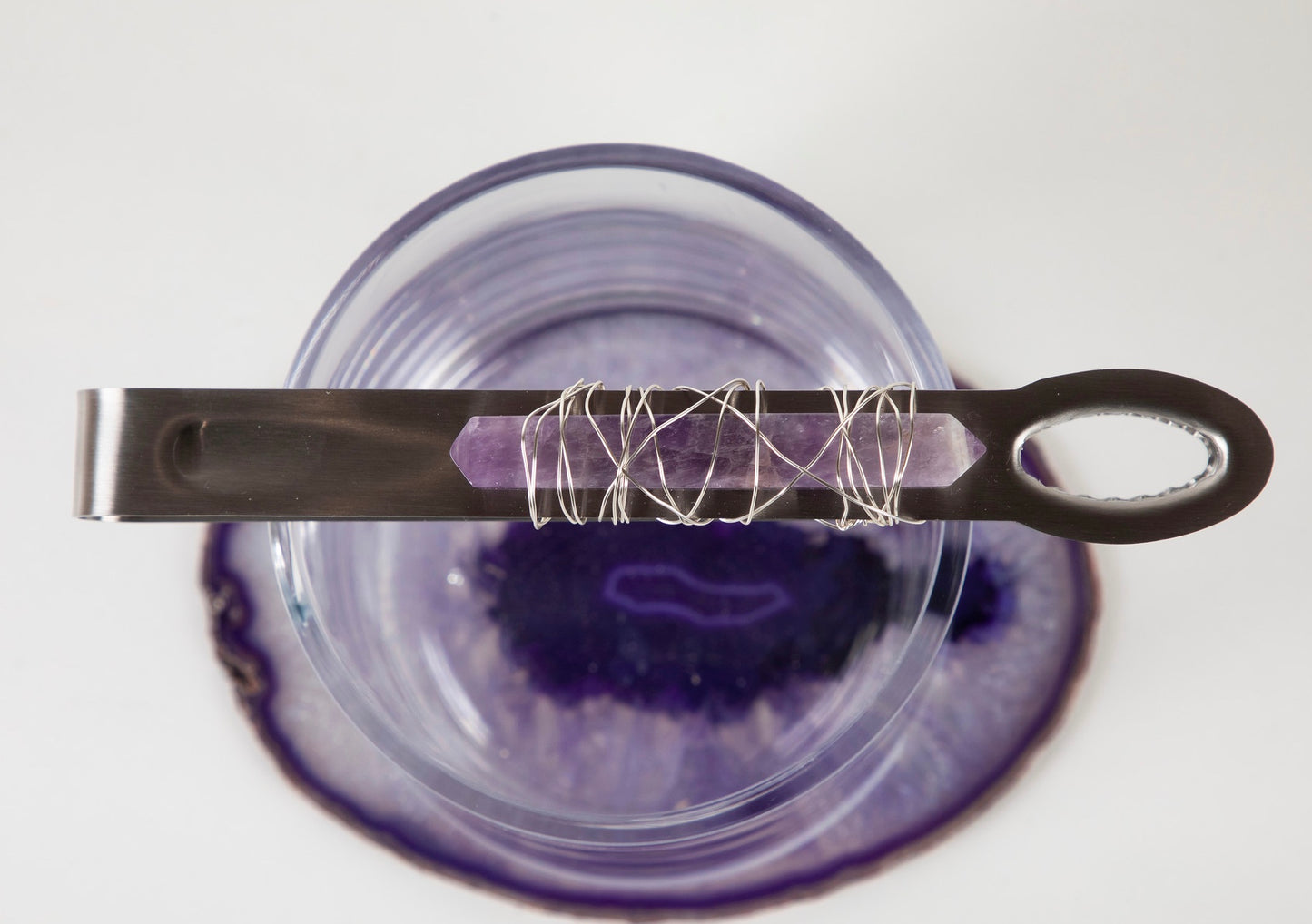 stainless tongs with amethyst crystal and wire