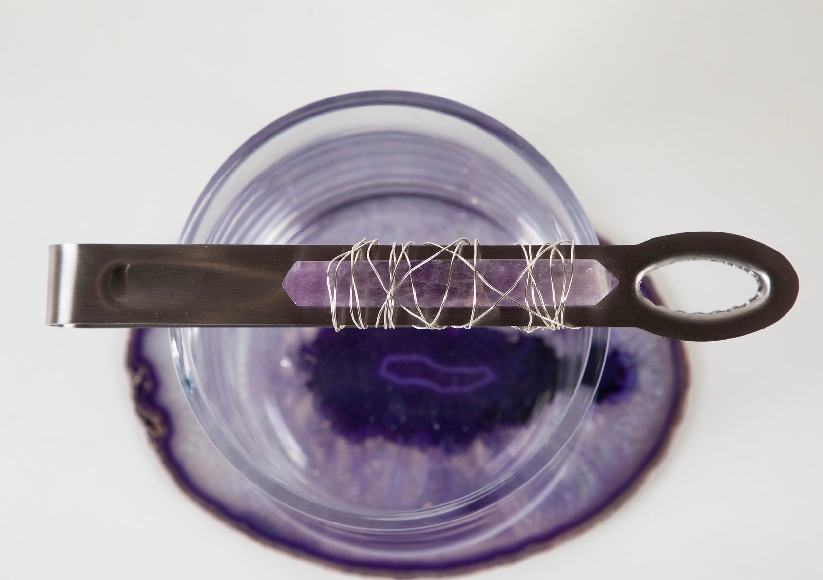 stainless tongs with amethyst crystal and wire