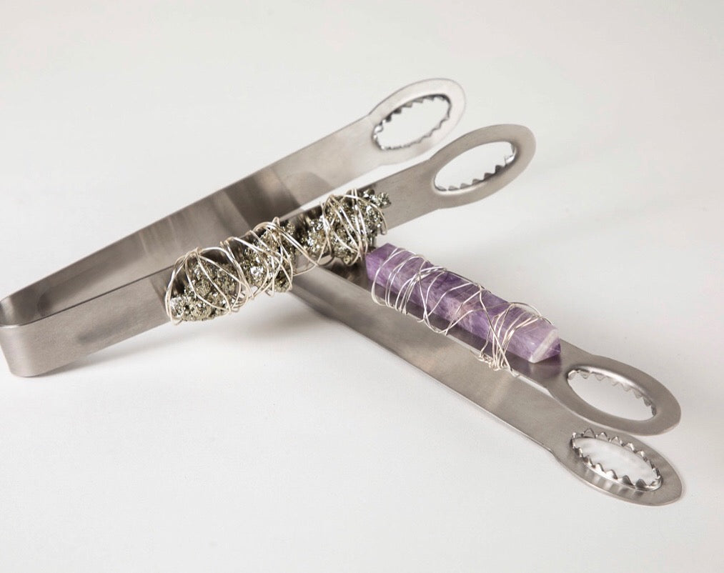 stainless tongs with amethyst and pyrite